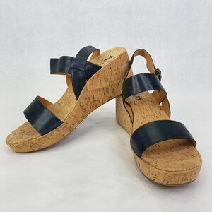 Korks Kork-Ease Austin Sandals Women 11 EU 43 Navy Leather Faux Cork Wedge Shoe